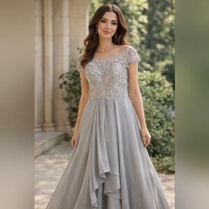 Woman's Grey Floral Lace and Satin Chiffon Gown Wedding Dress